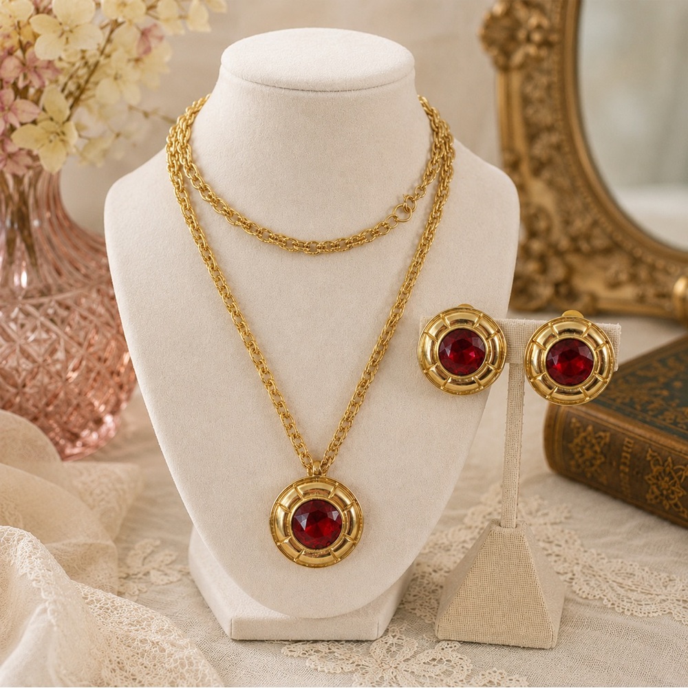 Vintage Etruscan Style Gold Tone Faux Ruby Pendant Necklace & Clip Earrings Set
